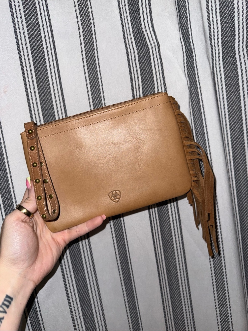 Ariat Tan Leather Fringe Wristlet Clutch